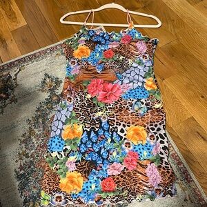 Floral and animal, print, lettuce, trim, body con mini dress